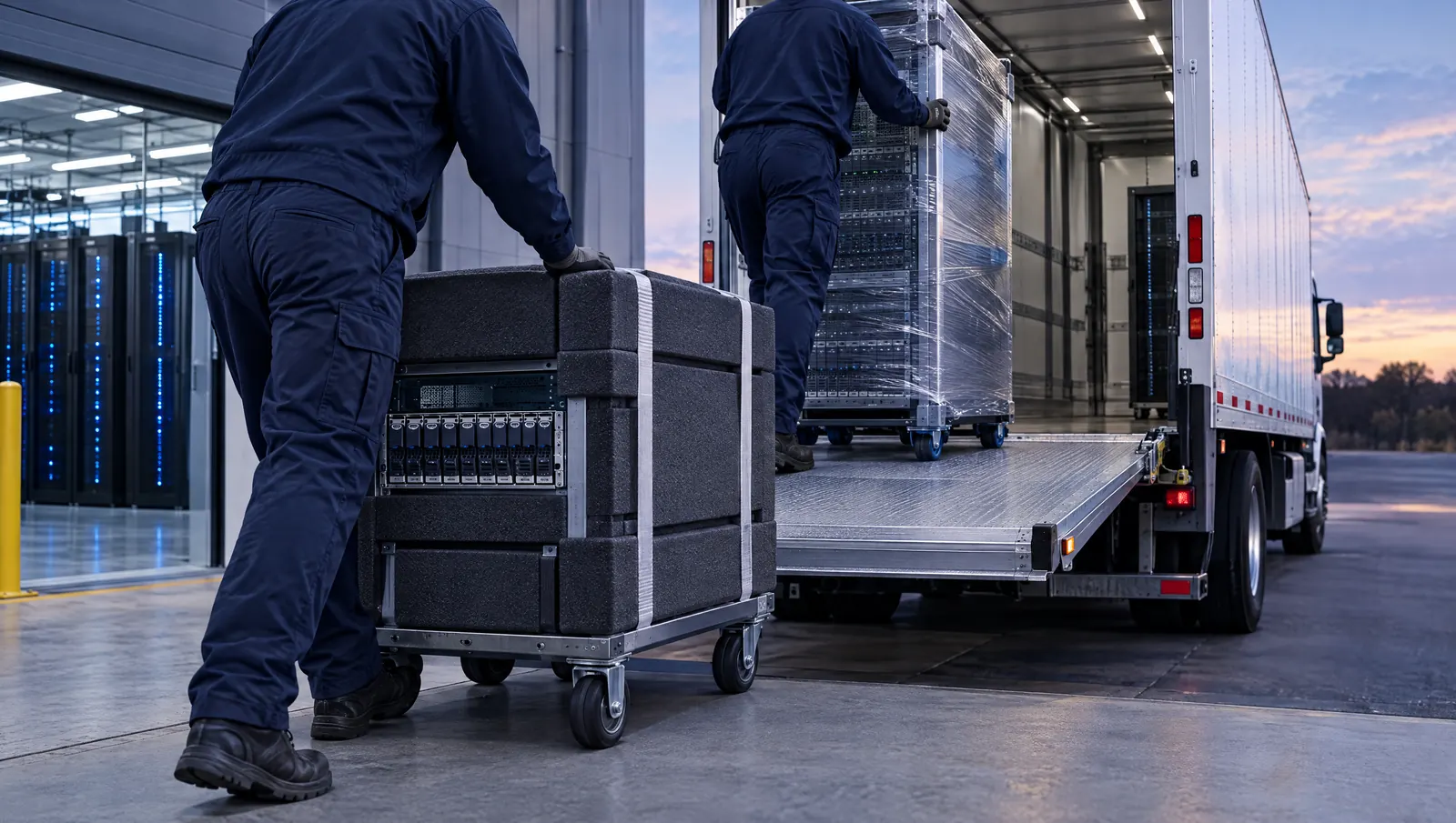 Movers loading a server rack onto a truck