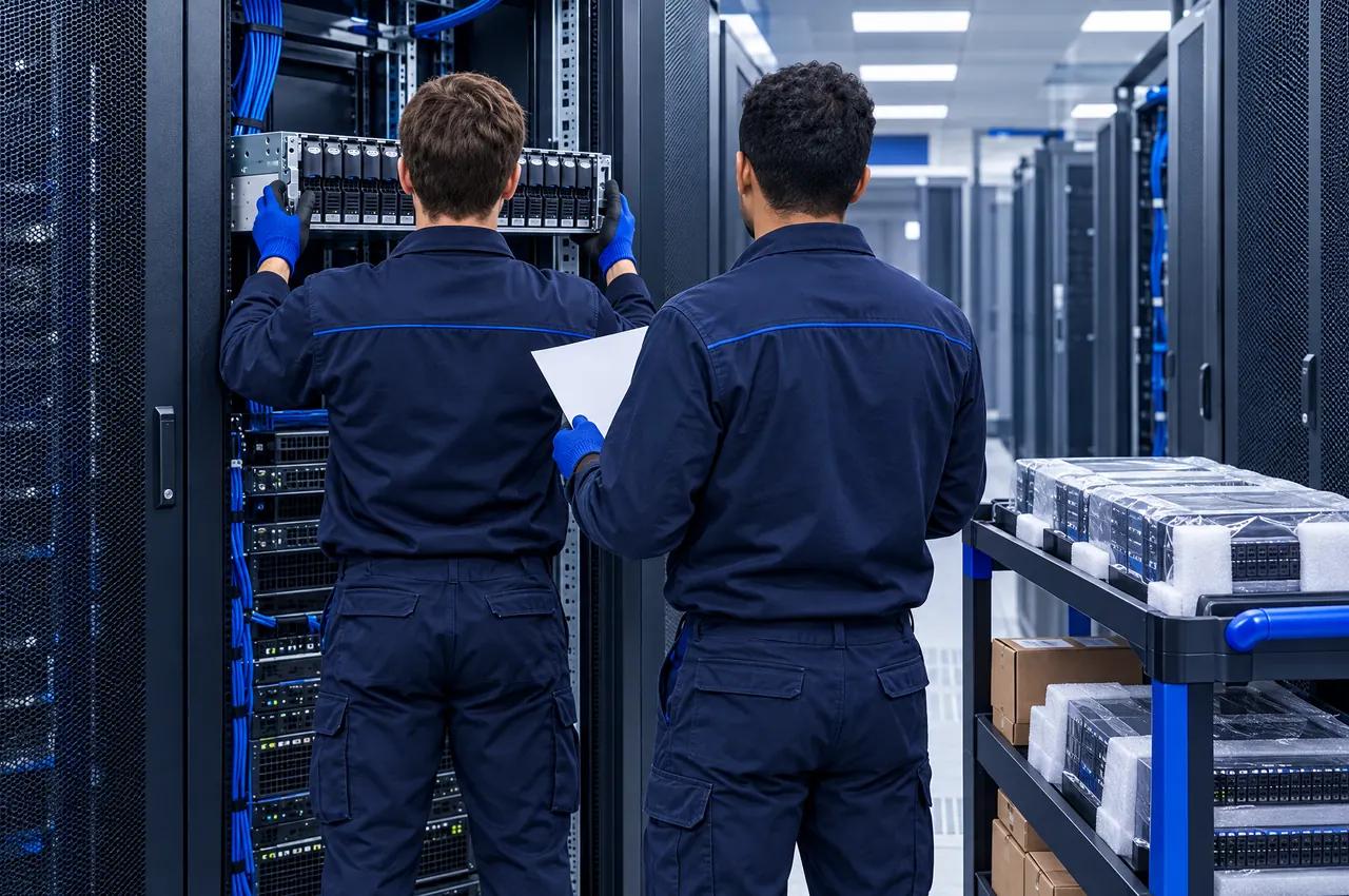 Two technicians seen from behind in a server aisle, one installing a server and one checking a device sheet